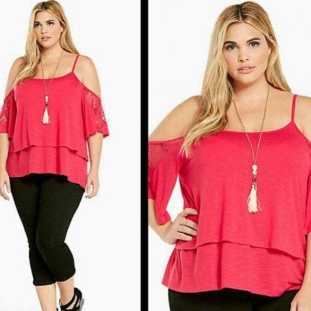 Torrid Hot Pink Off the Shoulder Lace Sleeve Blouse Size 00